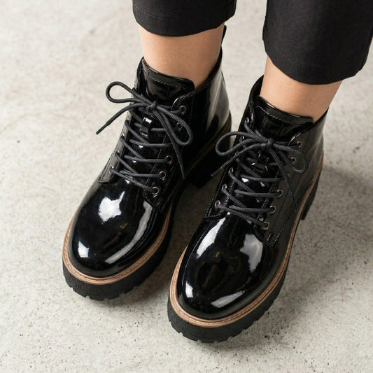 Botines Charol Negro con Plataforma y Cordones - Caja de 6 Pares