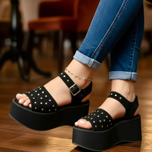 Sandalias Negras Gamuza con Puntos Plata - Caja de 8 Pares