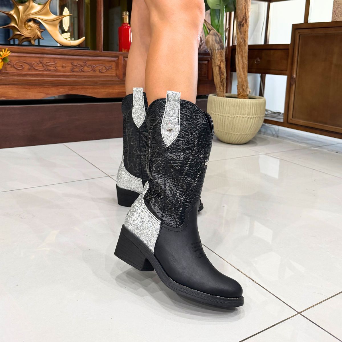 Botas E-Cuero Cowboy Bordado Silver Texanas Vaqueras - Caja de 12 Pares