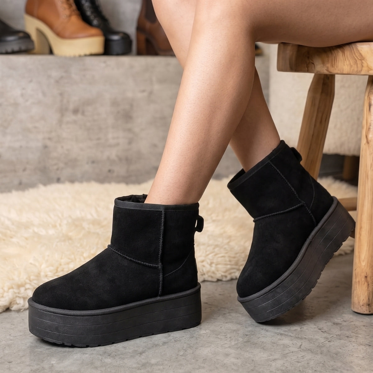 Bota Tipo UGG Con Plataforma Gruesa de Chiporro Negro - Caja de 12 Pares