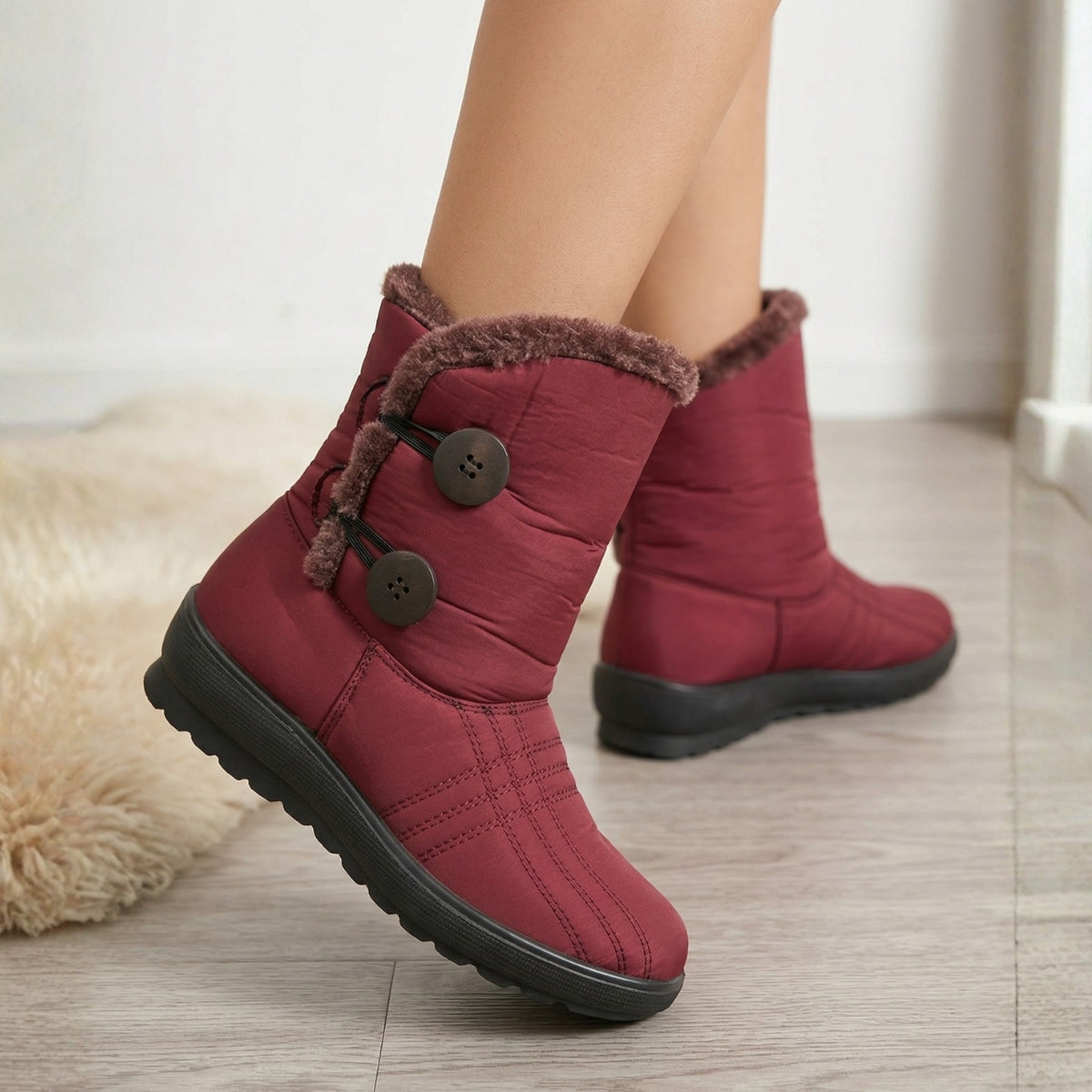 Botas Térmicas Burdeo con Botones y Suela Antideslizante - Caja de 8 Pares