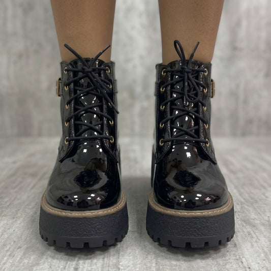 Botín de Charol Negro Con Plataforma y Hebilla Para Mujer - Caja de 6 Pares