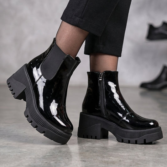 Botines Chelsea de Charol Negro con Suela Chunky - Caja de 6 Pares