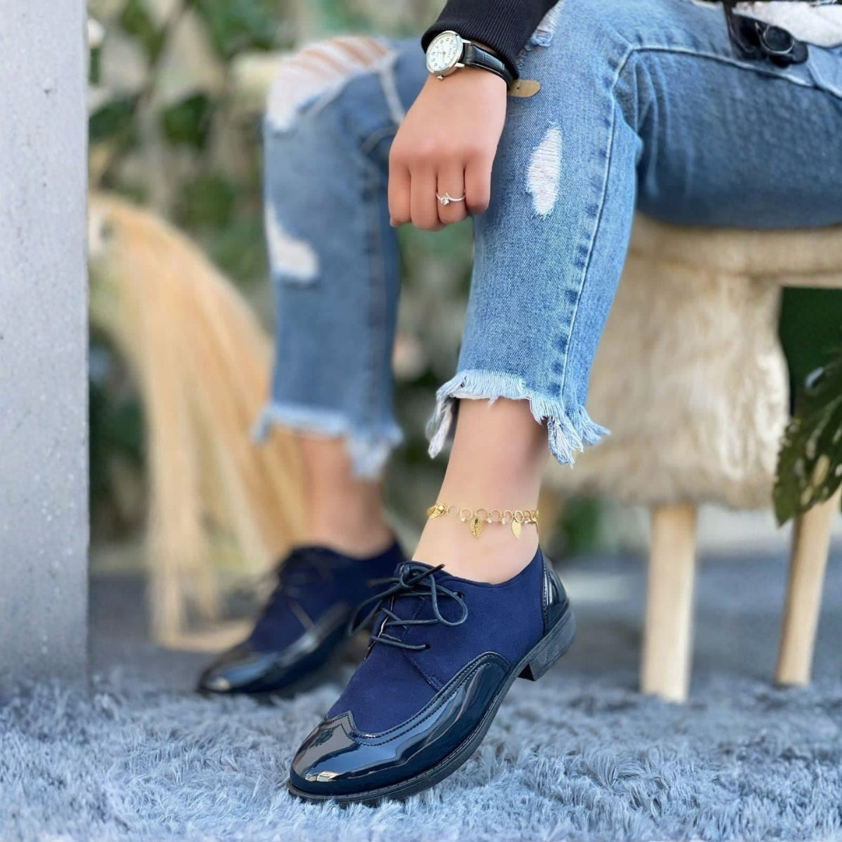 Mocasines de Mujer Azul Marino en Charol y Gamuza - Caja de 8 Pares