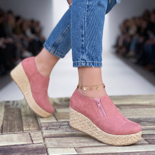 Panchitas Tipo Mocasín Rosa con Plataforma de Yute - Caja de 6 Pares