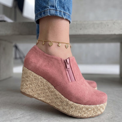 Panchitas Tipo Mocasín Rosa con Plataforma de Yute - Caja de 6 Pares