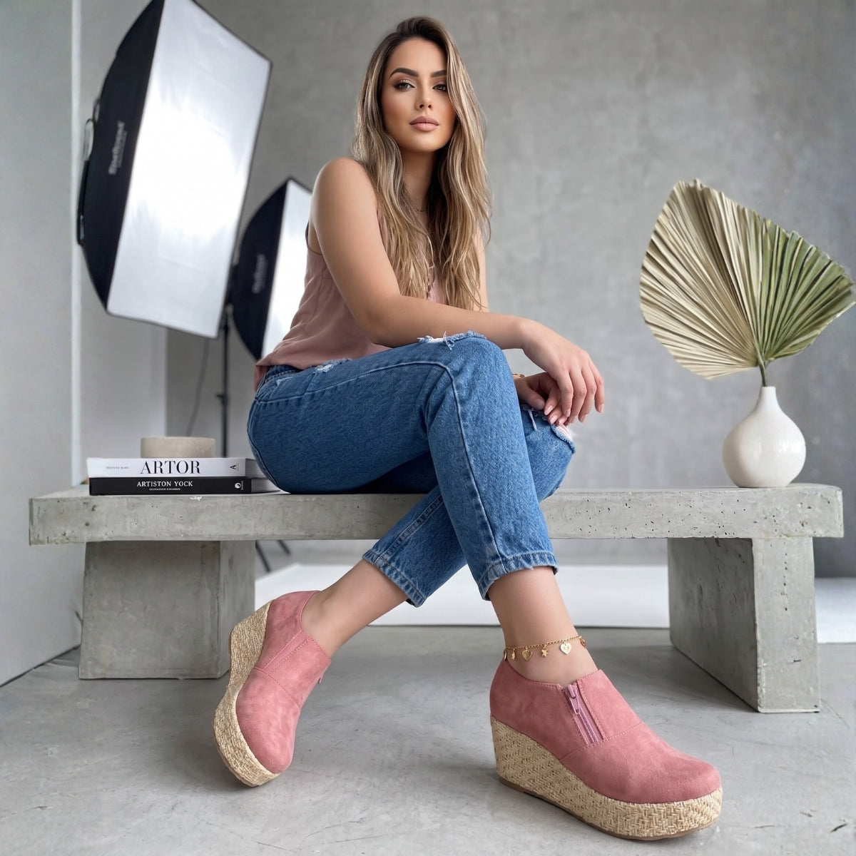 Panchitas Tipo Mocasín Rosa con Plataforma de Yute - Caja de 6 Pares
