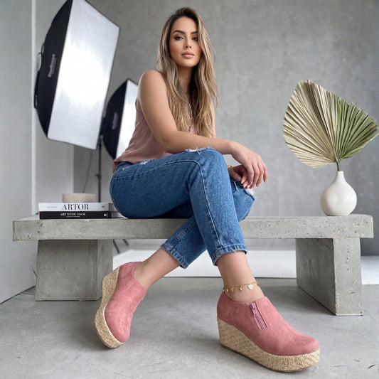 Panchitas Tipo Mocasín Rosa con Plataforma de Yute - Caja de 6 Pares