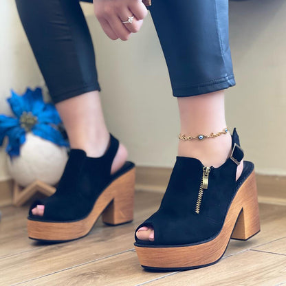 Sandalia de Gamuza Taco Bajo Negro - Caja de 12 Pares