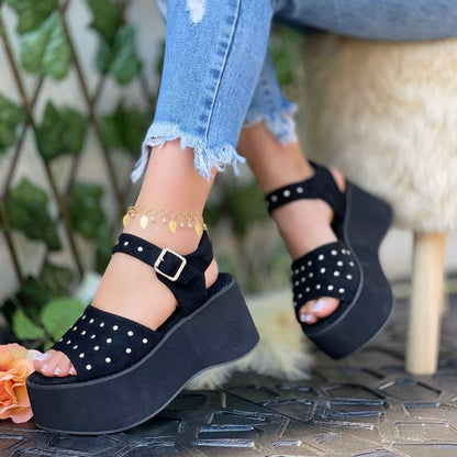 Sandalias Negras Gamuza con Puntos Plata - Caja de 8 Pares